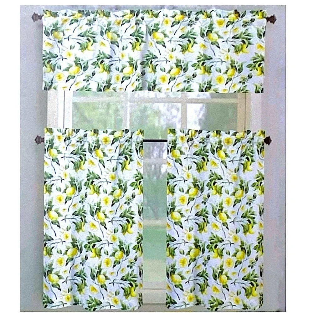 Tribeca Cafe Curtain Set Lemon Print 3 Piece Tier Set Fruit Floral White Yellow